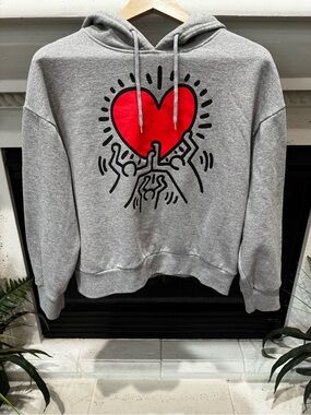 Gray Hooded Sweatshirt with Red Heart Graphic